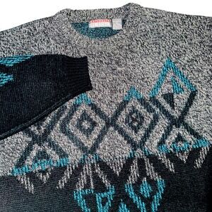 Saturdays‎ Generation Vintage Mens XL Geometric Sweater Crew Neck Gray Teal